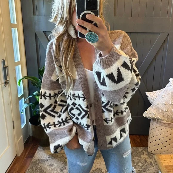 New Aztec Print Native Knit Wool Cardigan Sweater Button Front V-Neck Cozy - Picture 3 of 8